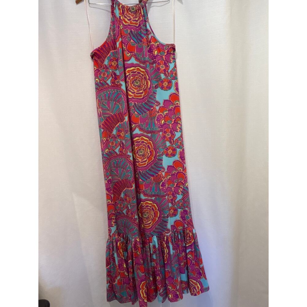 TRINA by Trina Turk Juju Flounce Tie Back Halter Maxi Dress Vibrant Colors Sz M